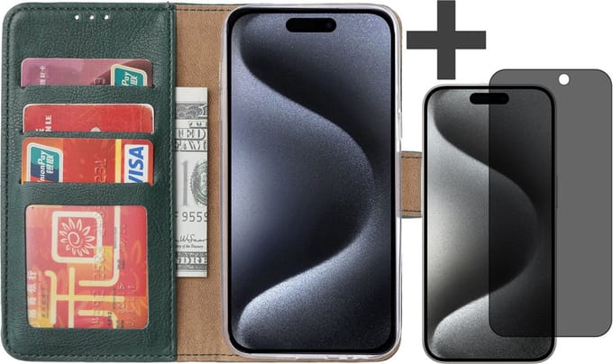 Hoesje met Privacy Screenprotector Geschikt voor iPhone 15 Pro Max – Arara bookcase met pasjeshouder - Groen