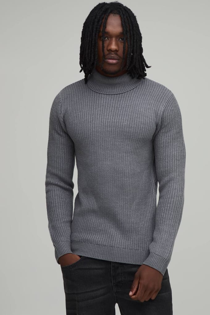 Lange Gespierde Geribbelde Coltrui Gebreide Trui | Charcoal | Size Small
