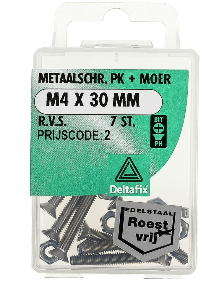 Deltafix metaalschroef / bout platte kop + moer M4 x 30 mm - RVS A2 - 7 stuks