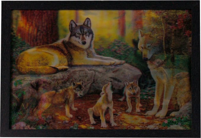 Poster 3D met Lijst - Wolven met Welpen Mountains - 3 Afbeeldingen - 43x33cm