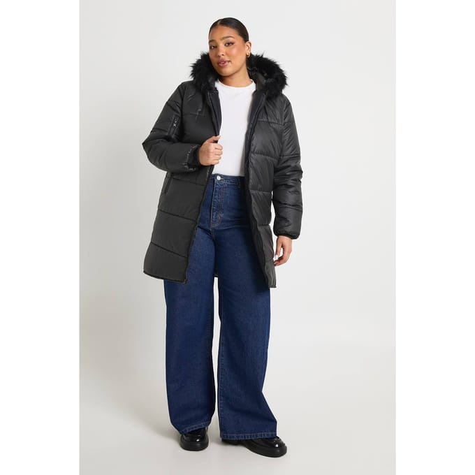 boohoo Dames Plus Faux Fur Trim Parka | Black | Maat: 16