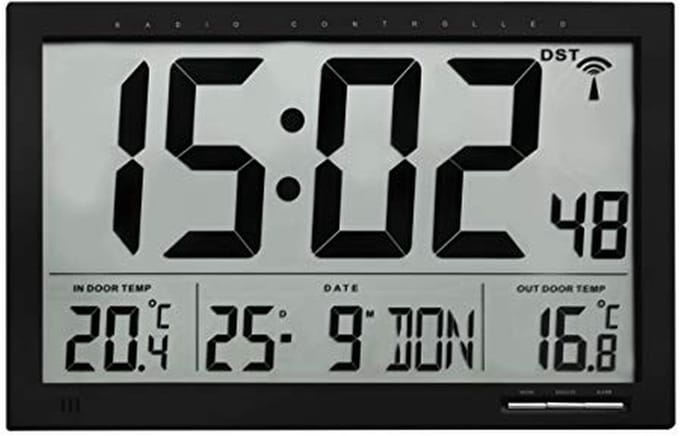 Radio Klok - Wandklok Buiten - Temperatuur Weergeven - Groot Display - 37 cm - Zwart