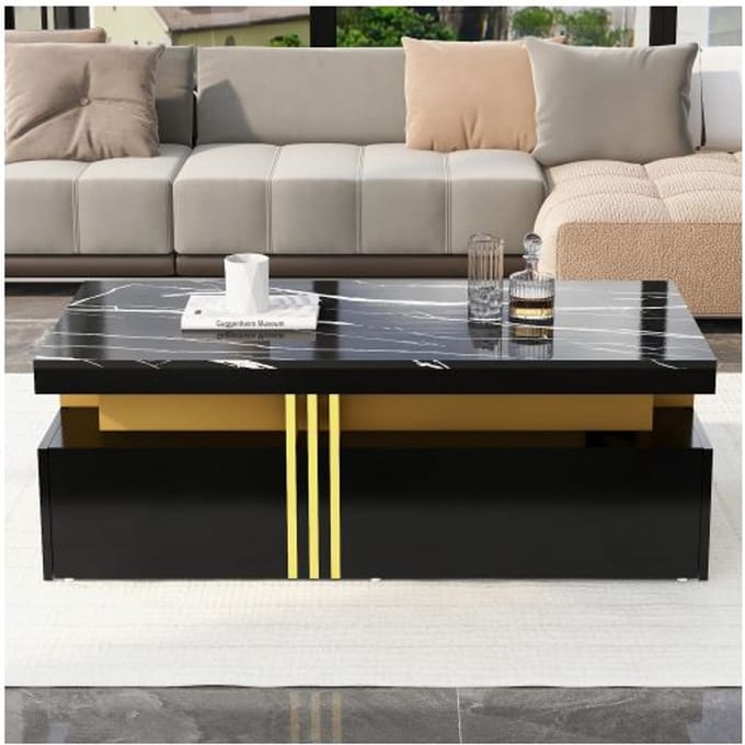 Table basse moderne - MUVOE - Rectangulaire - 2 tiroirs en bois - Plateau en marbre - Brillant