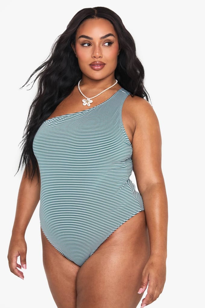 boohoo Dames Plus Seersucker gestreept een-schouder badpak | Groente | Maat: 54