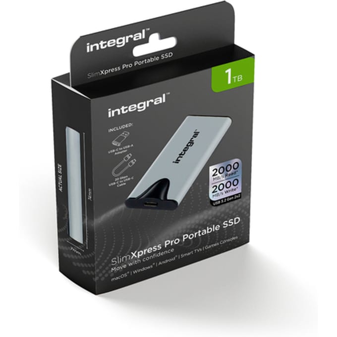 Integral SlimXpress Pro INSSD1TPORT3.2SLIMXS externe solide-state drive Thunderbolt technologie 1 TB USB Type-C USB 3.2 Gen 2x2 Zilver