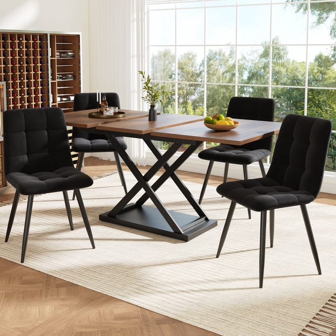 MODFU - Eethoekset - Uitschuifbare Tafel Met 4 Stoelen - Modern - MDF, Metaal En Fluweel - Notenhoutkleur/Zwart - 120-160 X 80 X 75 Cm