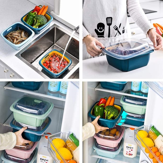 Keukenzeef met Deksel Huishoudelijke Dubbellaags Mand Multifunctionele Opbergcontainers voor Fruit zwart