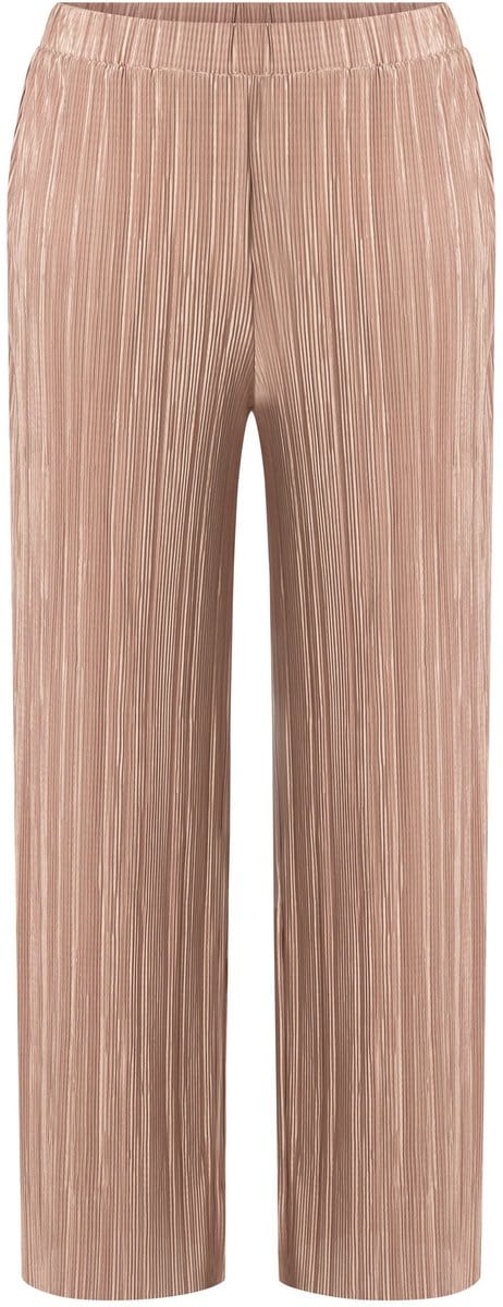 Ulla Popken - Dames - Geplooide broek wijde pijpen hoge taille elastische band - Lichtbruin - Maat 54+