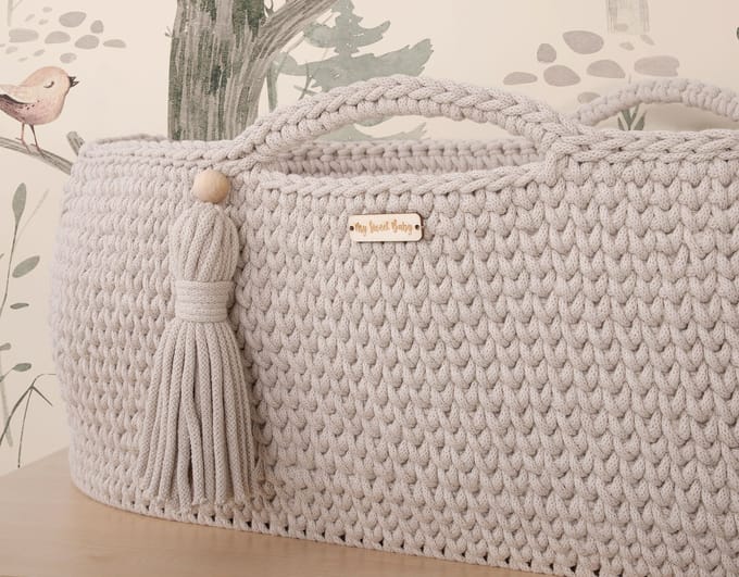 Mozesmand BOHO Handgemaakt katoen met matras - lichtbeige