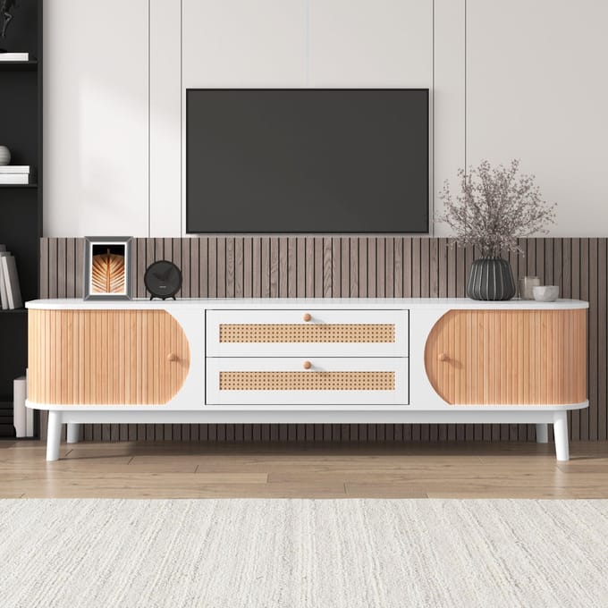 Rotan TV-meubel 170 cm Wit – TV-kast met Deuren en Laden