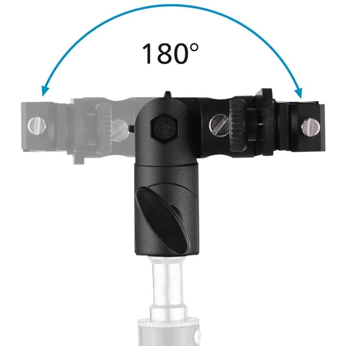 T-vormige Dubbele Flitsbeugel Flits Speedlite Standaard met 2 Cold Shoe Mounts 1/4 Inch naar 3/8 Inch Mount Parapluhouder