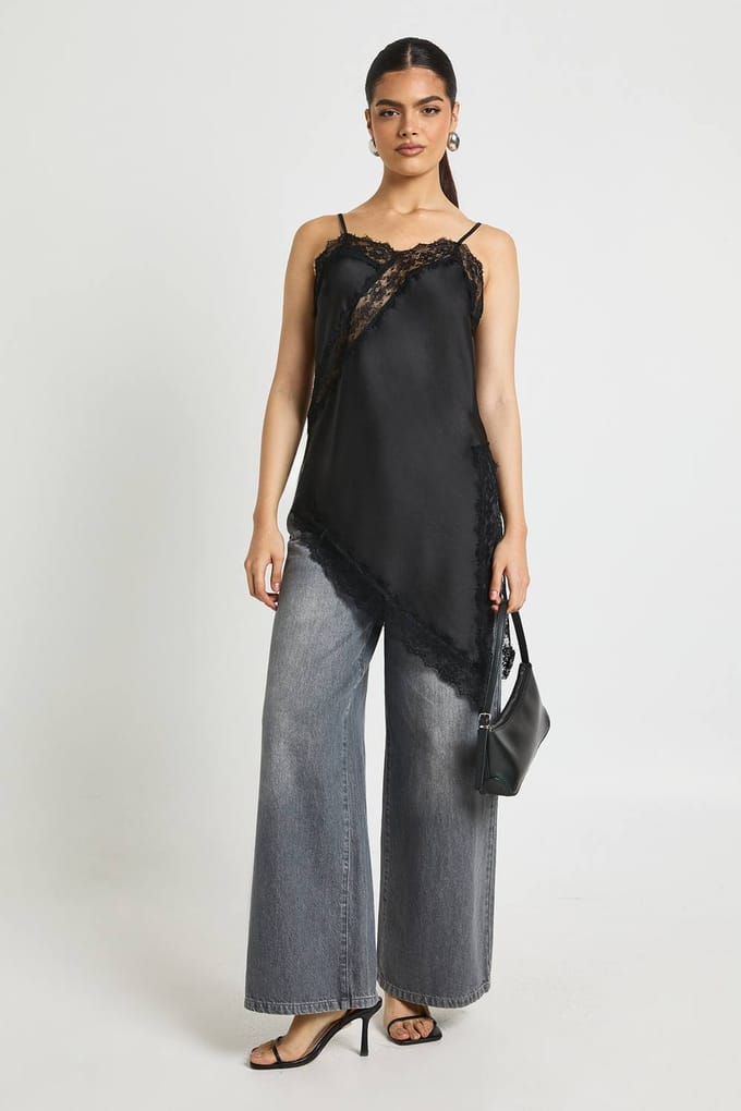 boohoo Dames Satijn Kant Longline Hemd | Zwart | Maat: 36