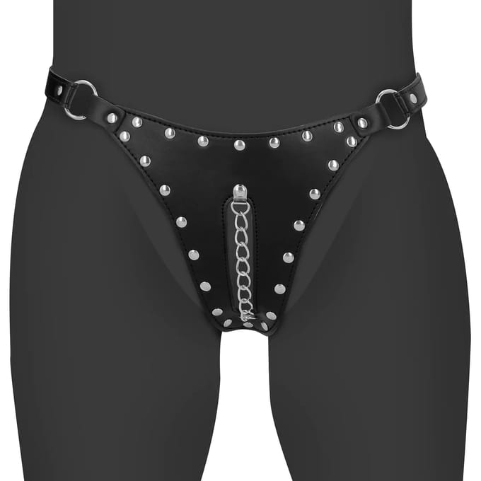 PU Leather Chastity Thong with Chain Detail - Black