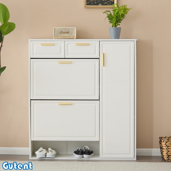 Gutent Schoenenkast-Verstelbare Planken-Gouden Handgreep-Wit-W95/D24/H107,5