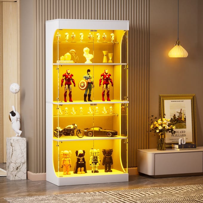 Vitrinekast - 80x35x165 cm - LED Verlichting met Sensor en Opbergruimte - Gehard Glas - Wit