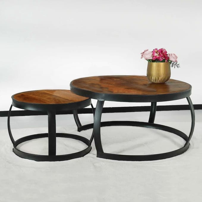 Salontafel rond 2delig mangohout Nuno bruin side table industrieel bijzettafel mango hout
