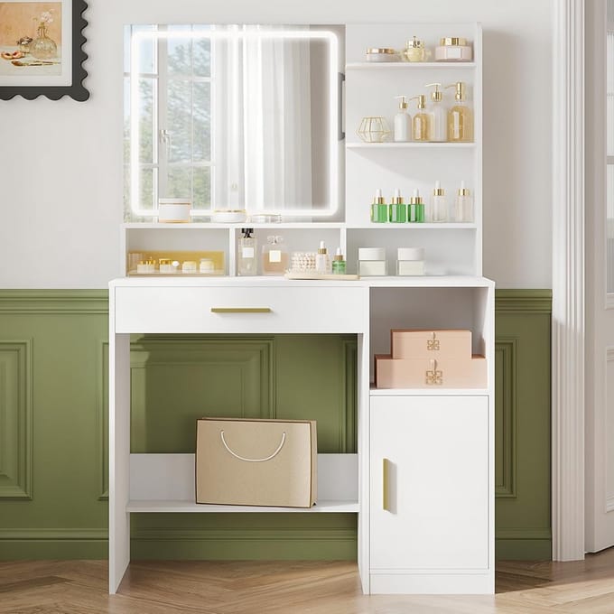 Luxe Kaptafel met Spiegel en Instelbare LED Verlichting - Wit