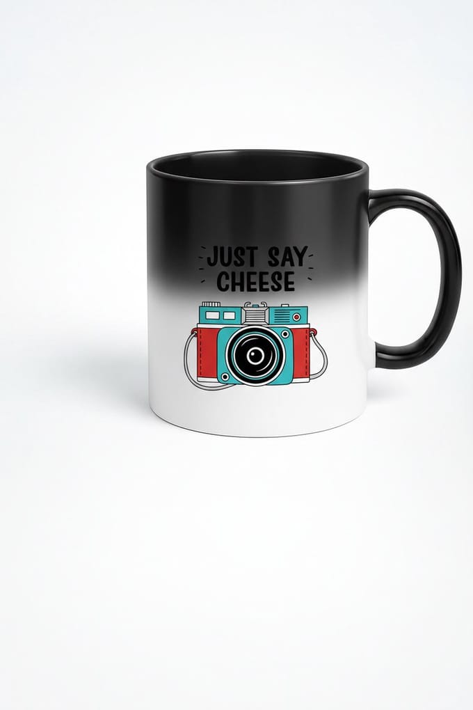 Magische Zwarte Mok met Camera - "Just Say Cheese" Design