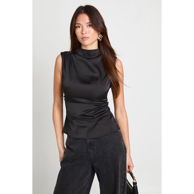 boohoo Dames Satijn top met hoge hals en geplooide stof | Black | Maat: 8