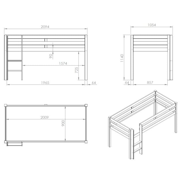 LUCEVI - Pino Halfhoogslaper + Ladder + Spring Gordijntjes - Wit - 90x200 cm