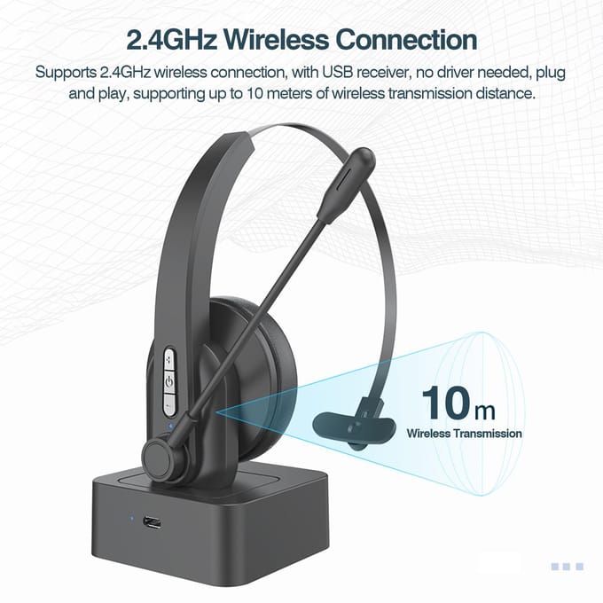 2,4 GHz draadloze hoofdtelefoon Callcenter oortelefoon On-ear headset met ENC ruisonderdrukking microfoon zwart