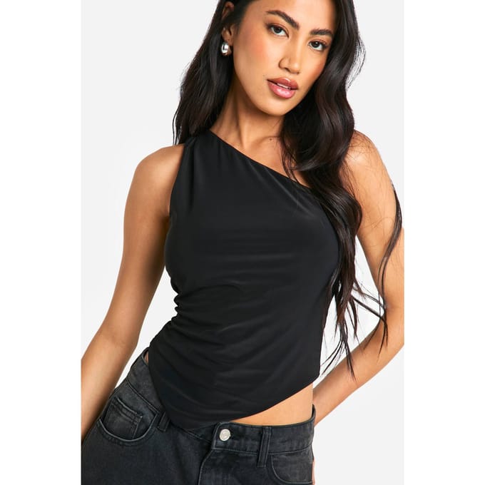 boohoo Dames Dubbele Laag Slinky One Shoulder Asym Hem Top | Zwart | Maat: 36