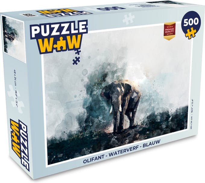 Puzzel Olifant - Waterverf - Blauw - Legpuzzel - Puzzel 500 stukjes