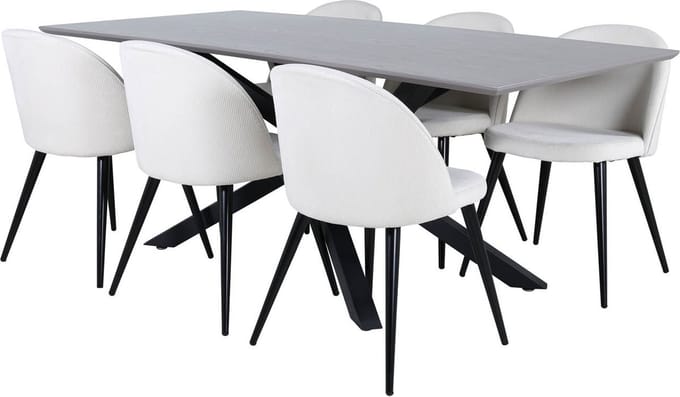 PiazzaGRBL eethoek eetkamertafel grijs en 6 Velvet eetkamerstal fluweel beige, zwart.