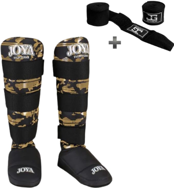 Joya Camo V2 Scheenbeschermers Beginners – Maat M – Kickboksen – Optimale Bescherming & Comfort – Goud – Incl. Bandage
