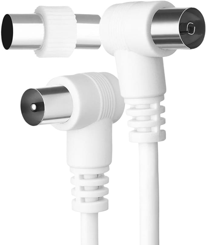 Force Case, Coaxiale TV Antennekabel 9.52mm - Haaks 90° Mannelijk/Vrouwelijk - Met Adapter - 5m, Wit