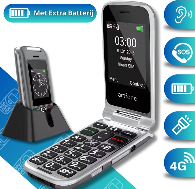 Senioren Telefoon met Extra Batterij - Simlock vrij - Klap GSM - Dubbel Klapbaar scherm 128 MB