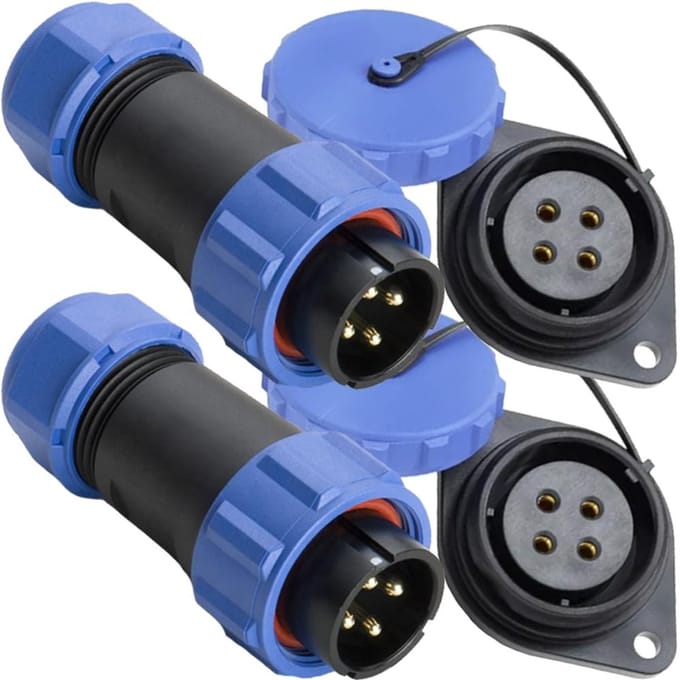 Waterdichte Connector Set - 4-Pin Stekker - Stroom Aansluiten - IP67 Waterdicht - 21mm - Zwart