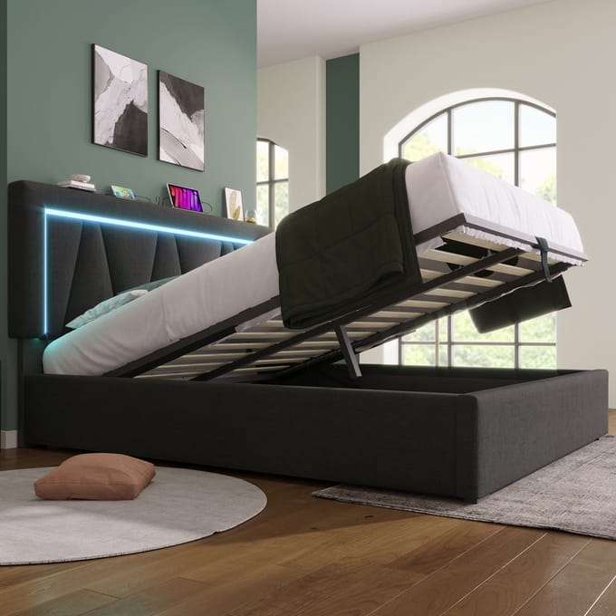 STILVORA Gestoffeerd Bed 140x200cm – Met Verstelbaar Hoofdeinde & USB-C Laadaansluiting – Ingebouwde LED Sfeerverlichting – Linnen – Grijs – Met matras