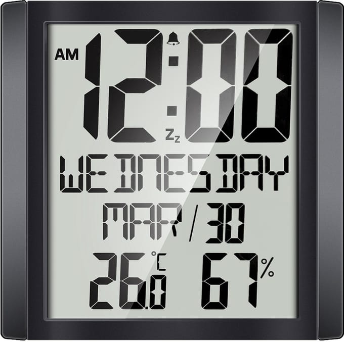 Grote digitale wandklok met datum en temperatuur