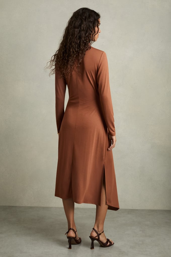 Reiss Jersey Midi Dress Camel Maat: 4 | Midi Jurken Outlet | Dames | Bruin