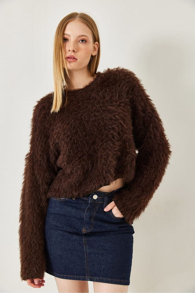 Gestructureerde Crew Neck Crop Trui met Pluche Detail