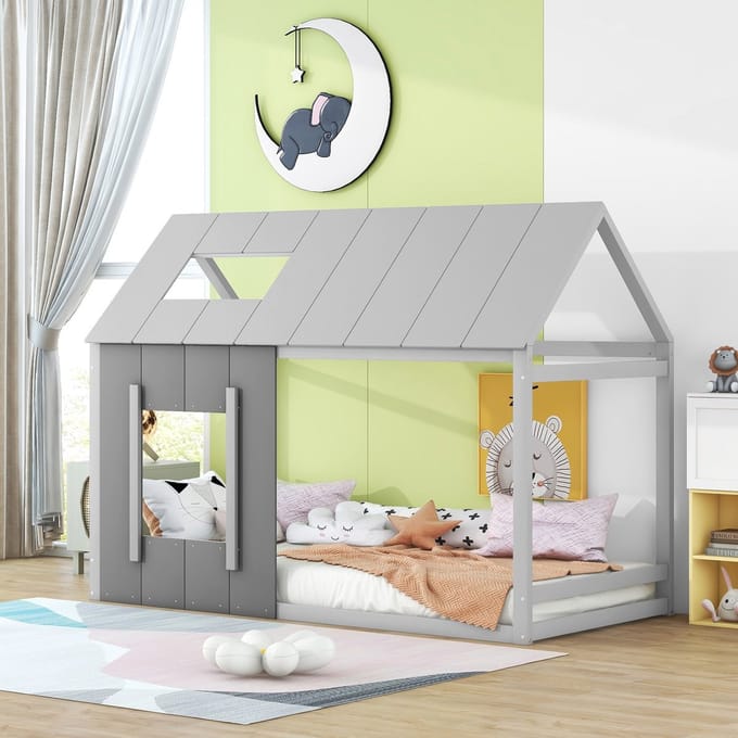 MODFU - Kinderbed 90x200 cm – Huisvorm met dak & raam – Grenenhout – Grijs