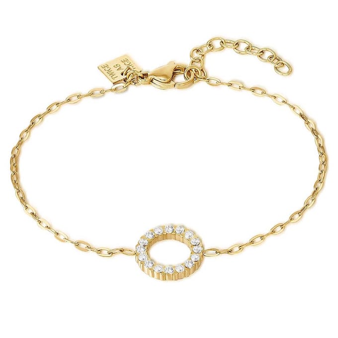 Twice As Nice Armband in goudkleurig edelstaal, open cirkel, witte kristallen 16cm+3cm