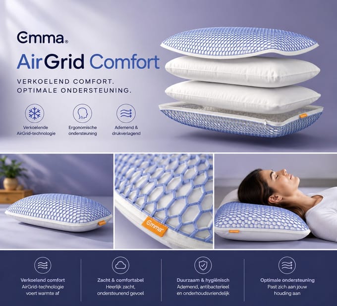 Hoofdkussen - Emma AirGrid Comfort Kussen – 40x70 cm – Verkoelend Hoofdkussen – Ergonomisch & Verstelbaar