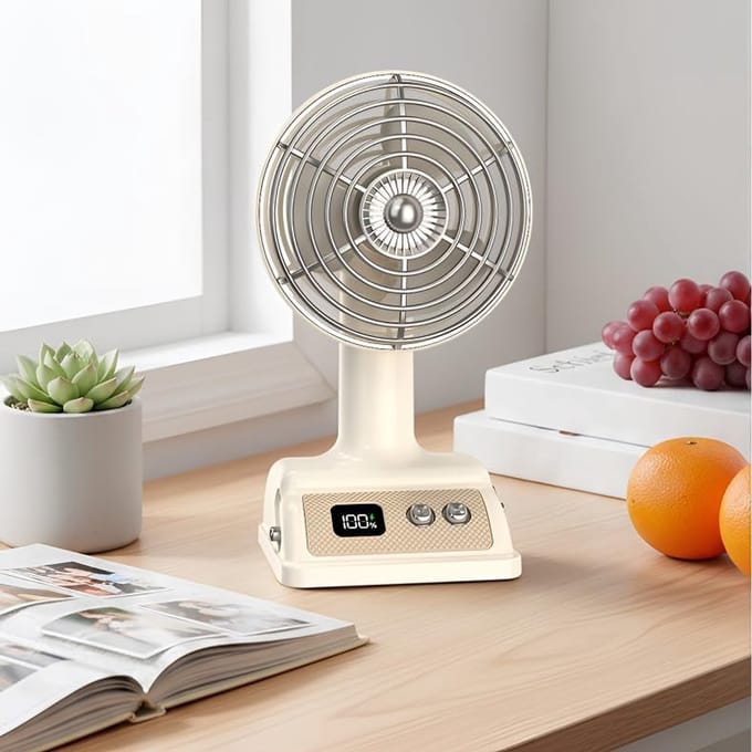 Mini retro ventilator - schattig crèmekleurig - met twee schakelaars - perfect als bureauaccessoire - Thijox