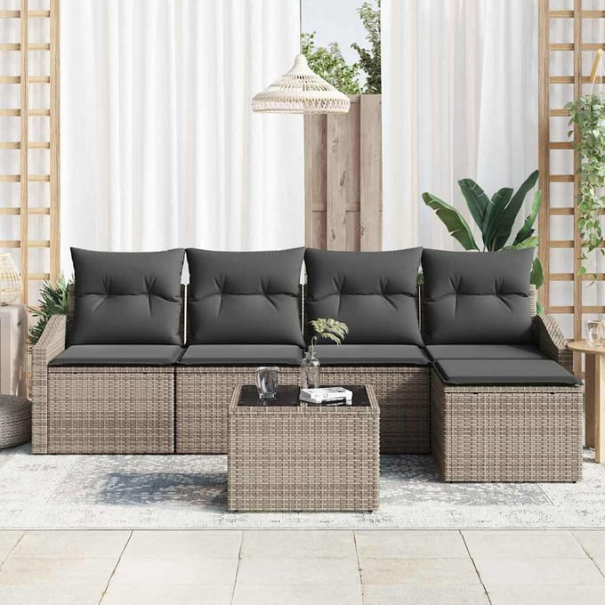 vidaXL Bankstel met kussen met opslag 6 pcs Lichtgrijs poly rattan