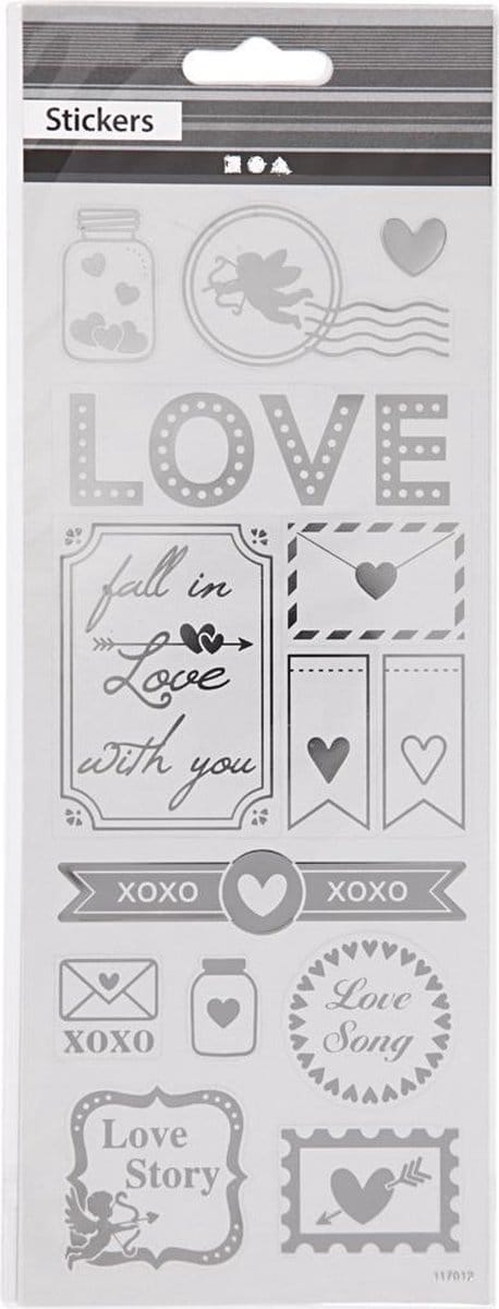 Stickers, love, vel 10x24 cm, ca. 14 stuk, zilver, 1 vel