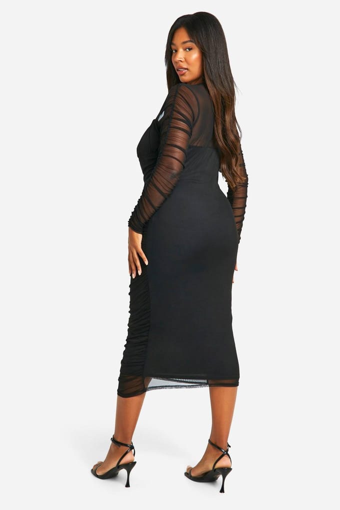 boohoo Dames Plus Mesh Geruched Midi Jurk | Black | Maat: 24