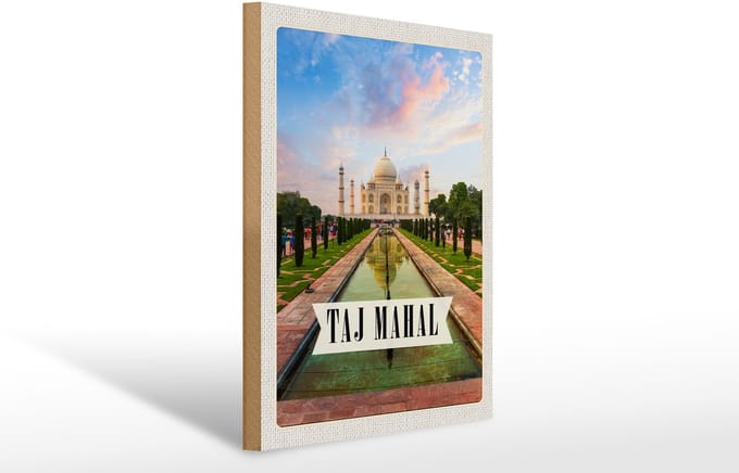 Holzschild Reise 30x40cm Indien Taj Mahal Agra Garten Bäume