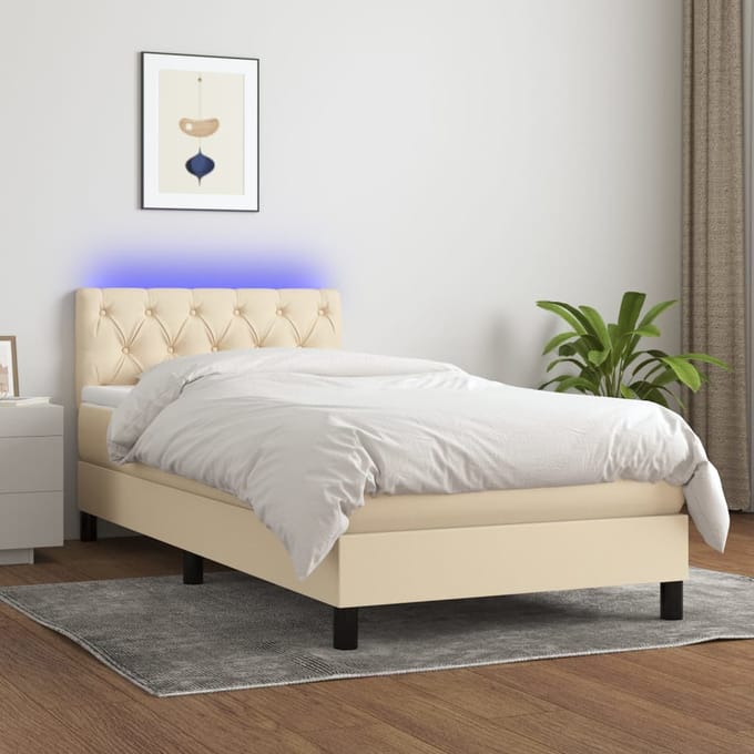vidaXL - Boxspring - met - matras - en - LED - stof - crèmekleurig - 80x200 - cm