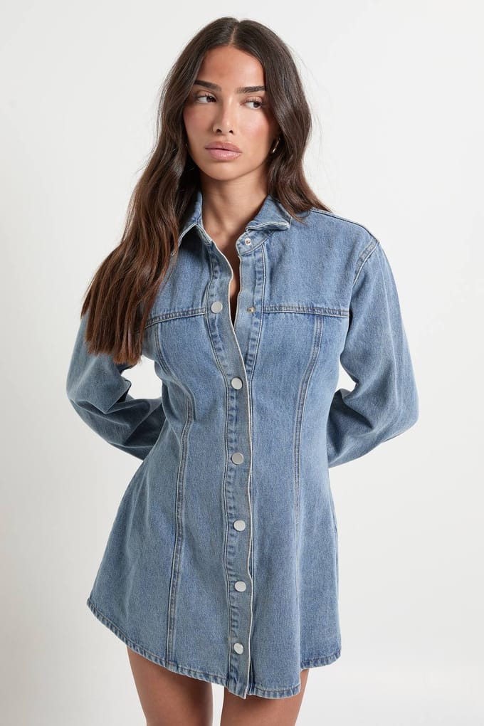 boohoo Dames Petite lange mouwen denimjurk met getailleerde taille | Medium Blauw | Maat: 34