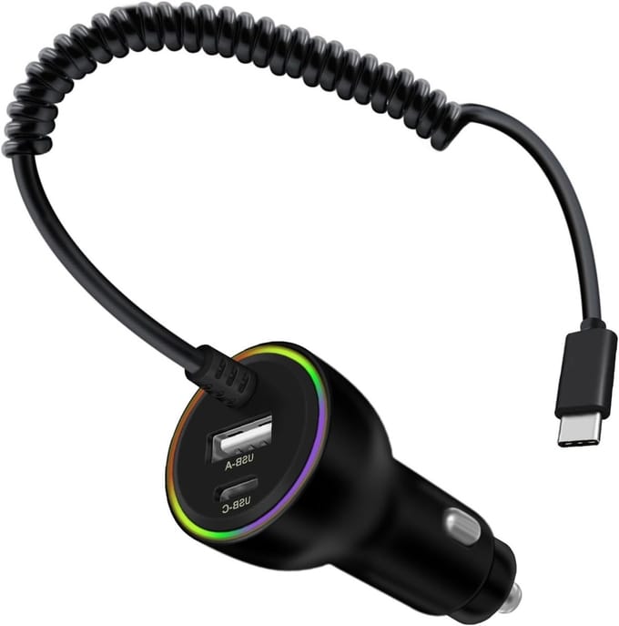 USB C Autolader met 35W PD en 30W Coiled Kabel voor iPhone, Samsung, iPad en Android Apparaten