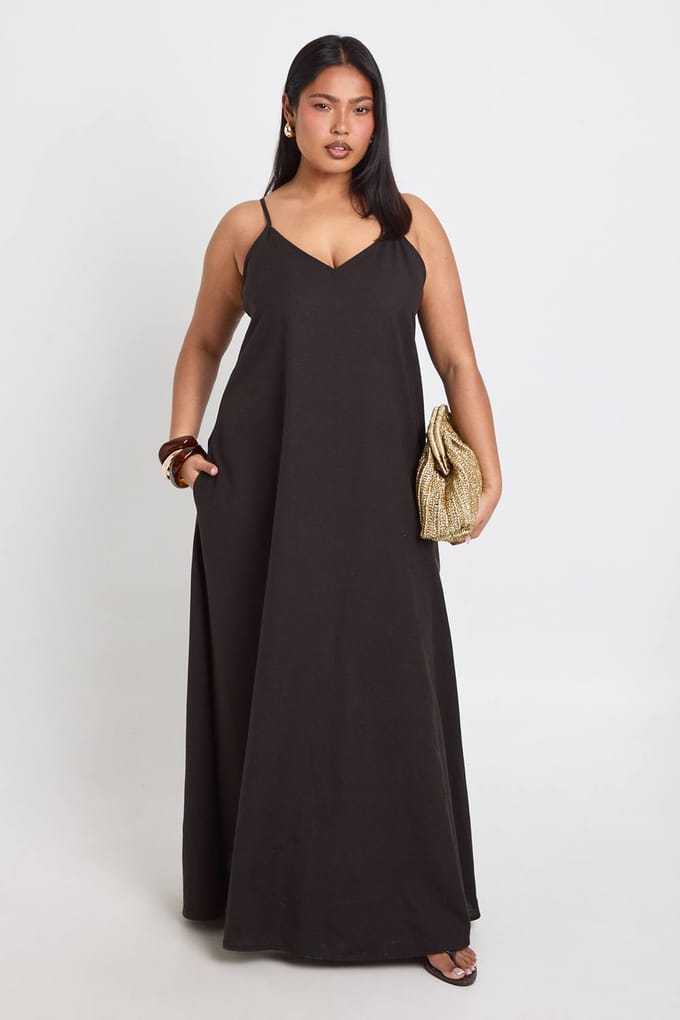 boohoo Dames Plus Linnen Maxi Jurk Met Puntzoom | Zwart | Maat: 54