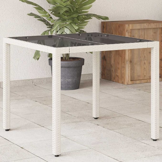 vidaXL - Tuintafel - met - glazen - blad - 90x90x75 - cm - poly - rattan - wit