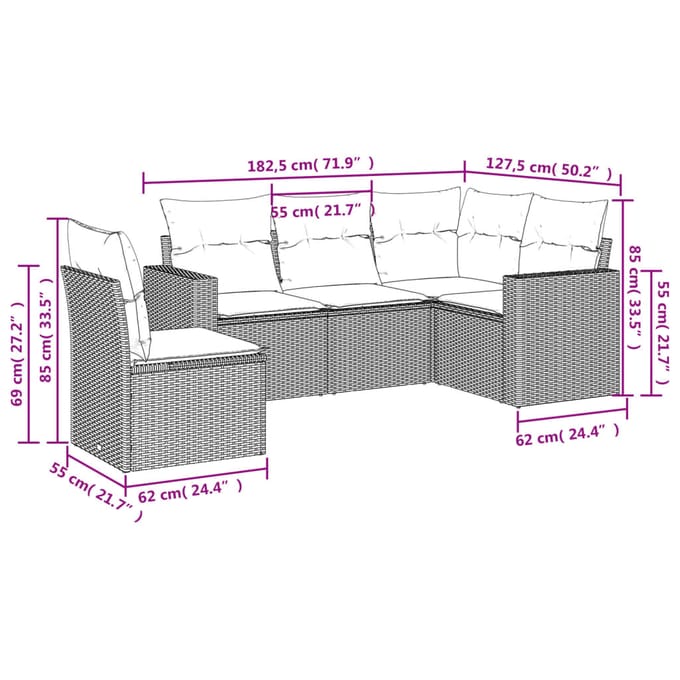 vidaXL - 5-delige - Loungeset - met - kussens - poly - rattan - beige